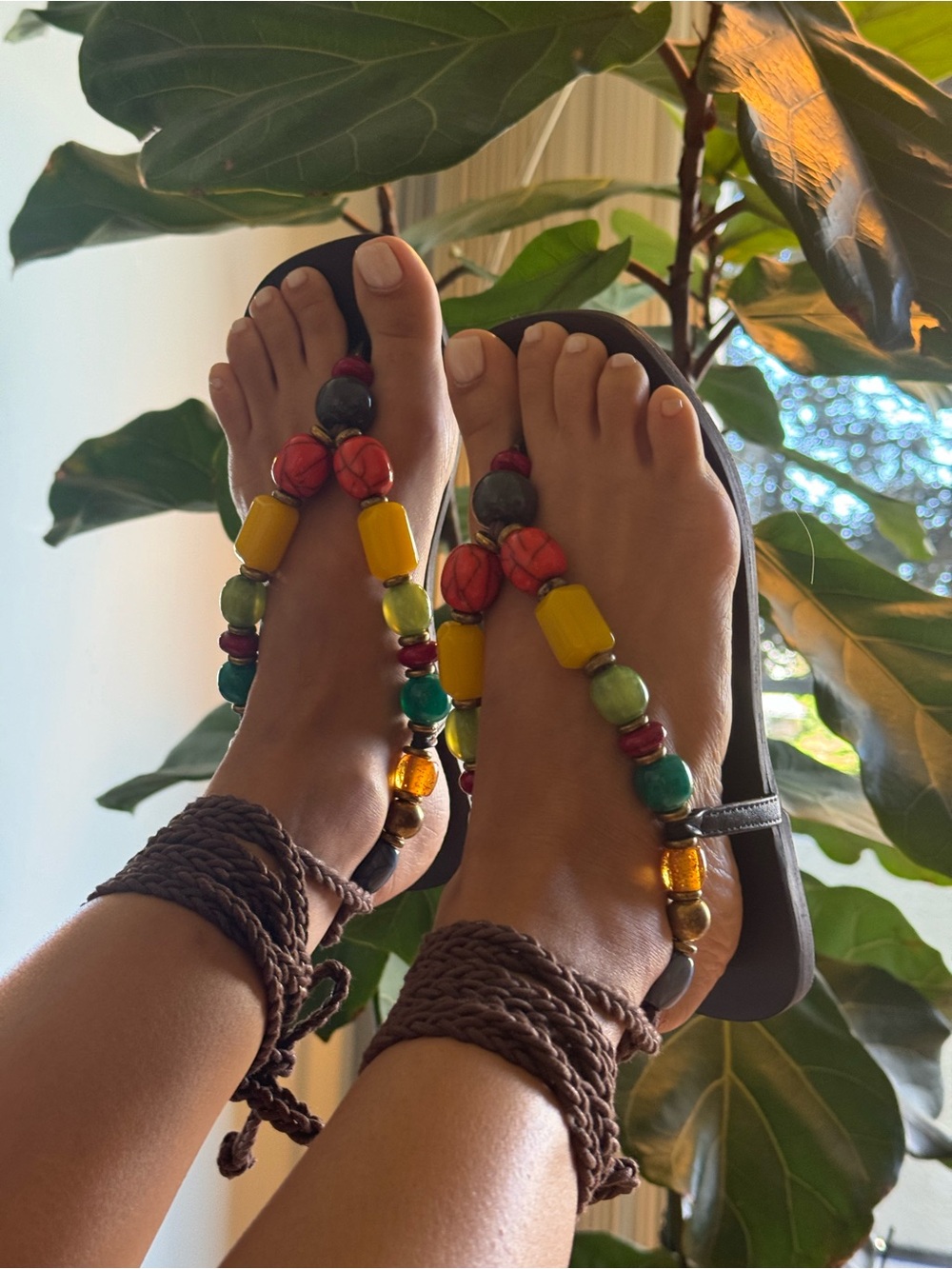 Steve Madden Beaded T-Strap Sandals - Yellow, Red, Green, Brown